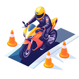 ldriver person drives slalom through orange cones motordrome motorcycle isolated